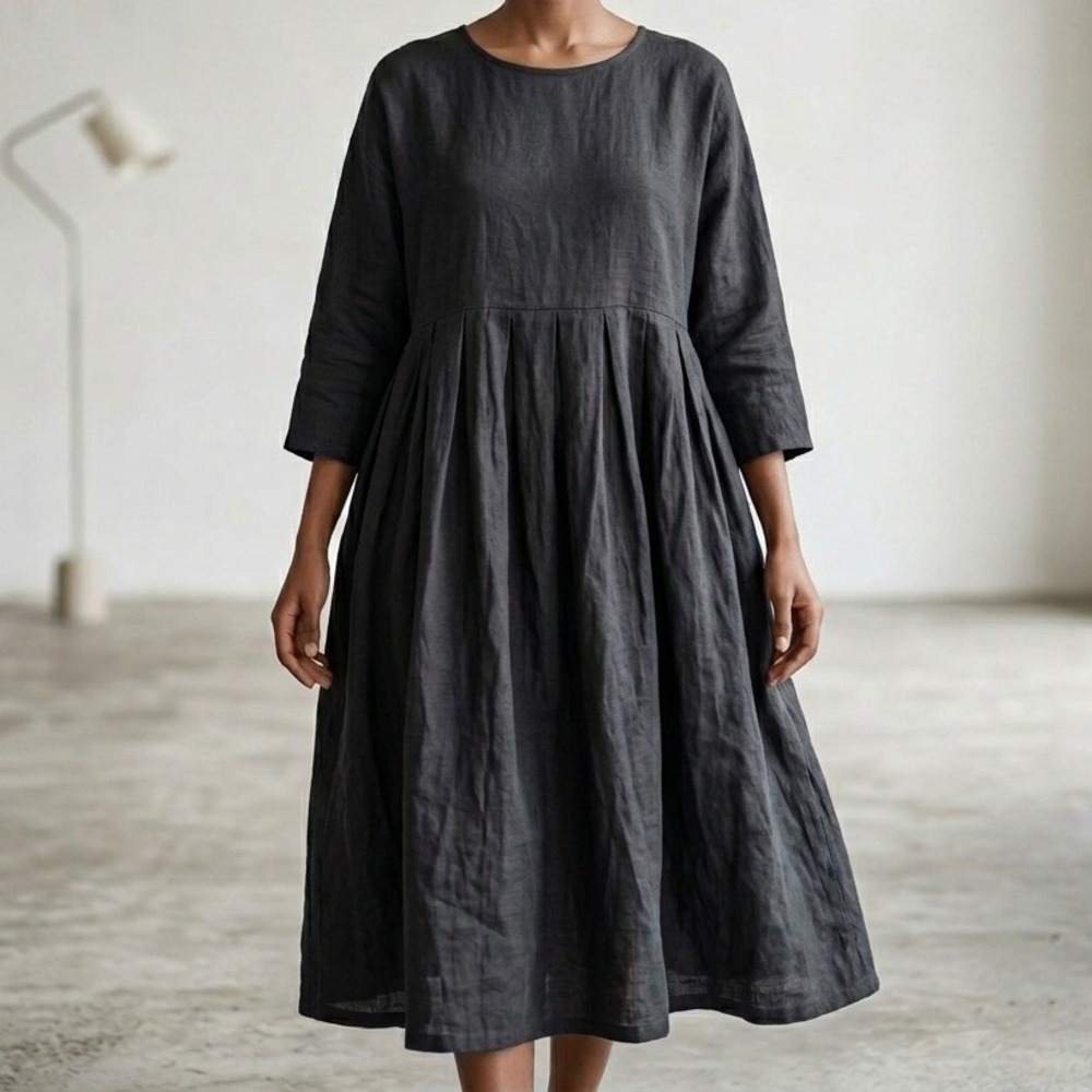 Fog Linen Work Dress S/M Black Linen Midi Relaxed Fit Lagenlook Minimalist